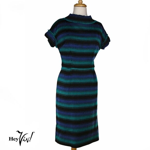 Vintage Fitted Sheath Dress Woven Blue Green Stripe Metal Zip Size M - Hey Viv - Picture 2 of 7